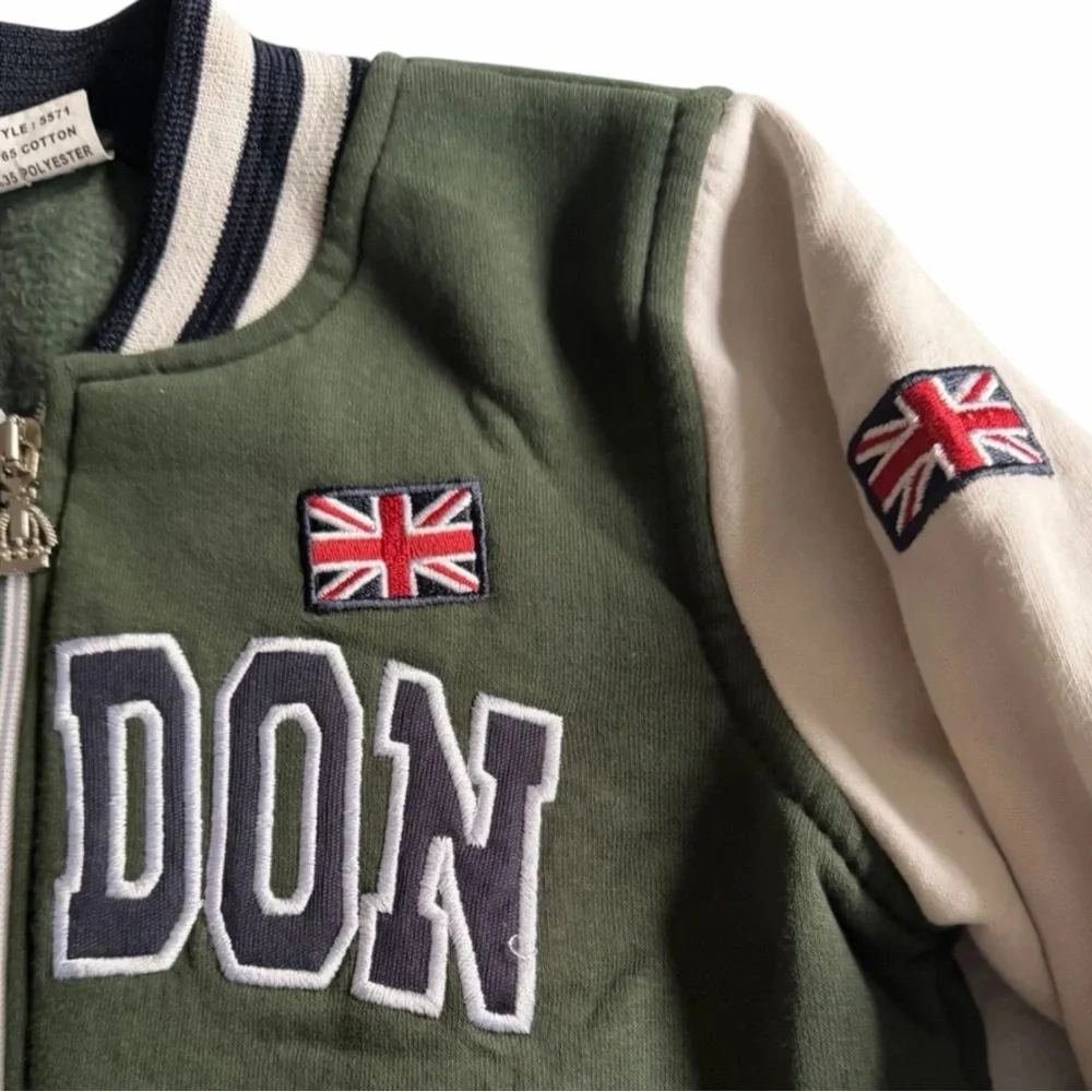 McAli London Varsity Jacket Boys 9-10 Olive Green/cream Zip Union Jack Patch
